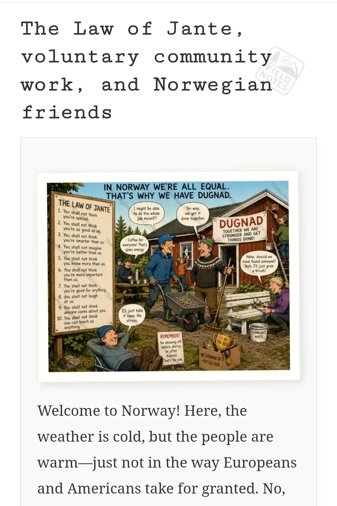 The Law of Jante, voluntary community work, and Norwegian friends
