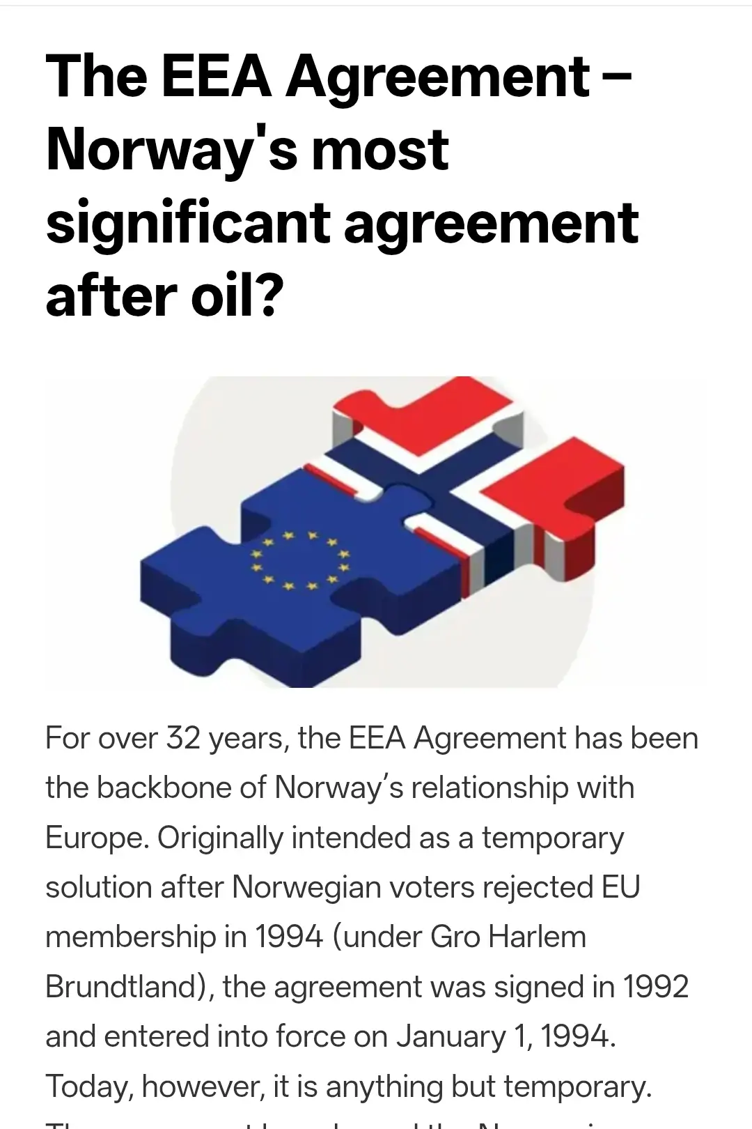 The EEA Agreement – Norway's most significant agreement after oil?